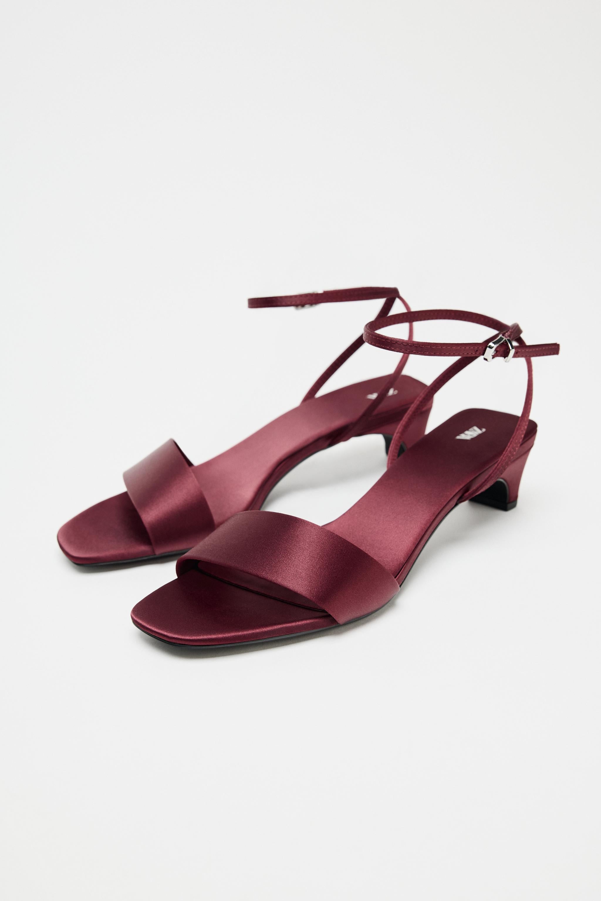Zara satin-effect sandals with a low, chunky heel and square toe